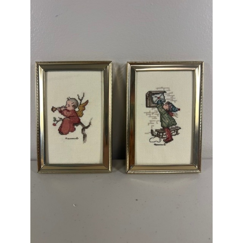 Vintage Hummel Style Framed Cross Stitch Set of 2 Angel & Child Sledding 4x6
